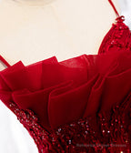Burgundy Lace Long Prom Dresses, A-Line Spaghetti Strap Evening Dresses