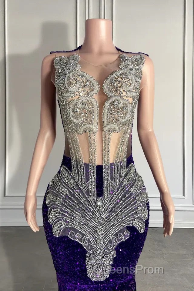 Sequined Sleeveless Mermaid Evening Prom Dress with Beadings