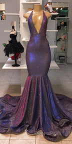 Chic Deep V-Neck Sleeveless Evening Prom Dress New Arrival Halter Memaiad Sequins Evening Gowns