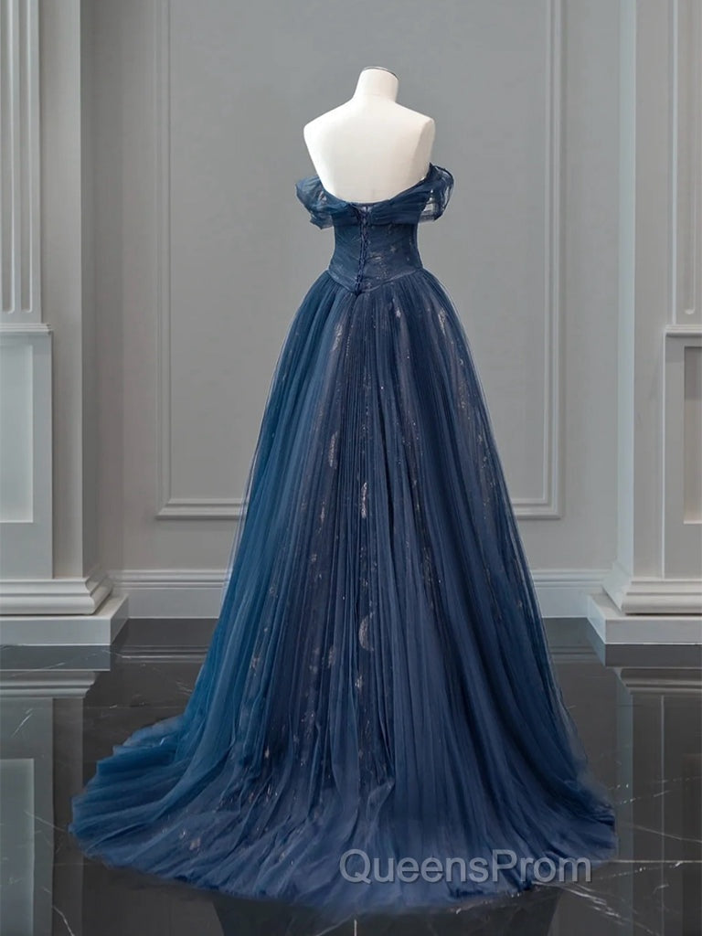 A-Line Off Shoulder Tulle Lace Dark Blue Long Evening Prom Dress, Dark Blue Long Evening Dress