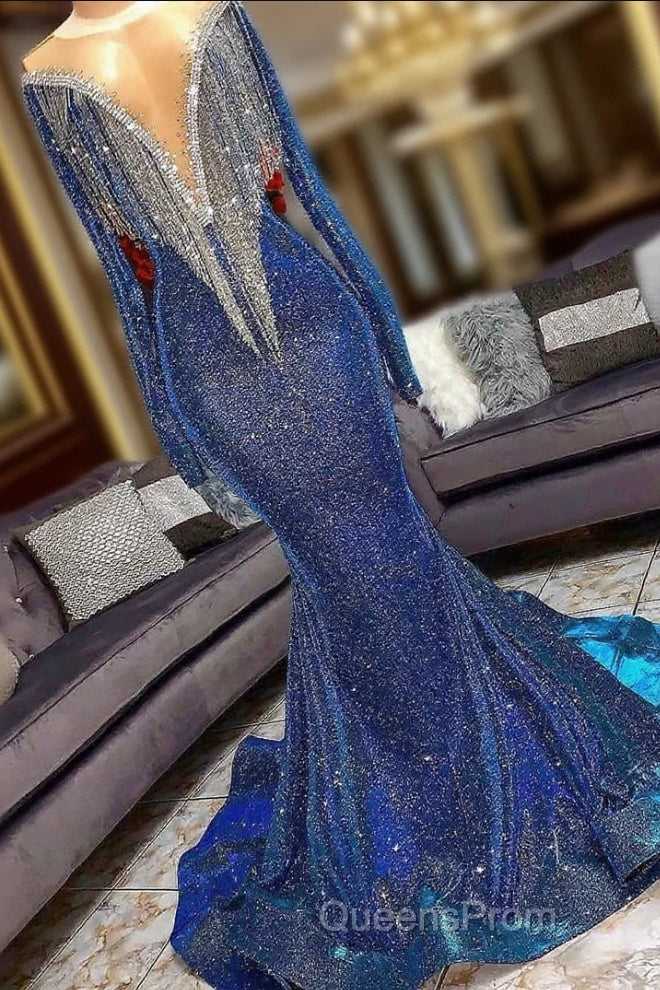 Luxurious long Sequins Mermaid V-neck Evening Prom Dress with Sleeves