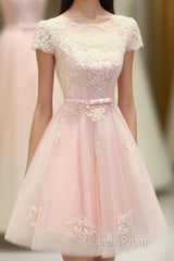 Pink Lace Tulle Short Evening Prom Dress, Pink Evening Dress