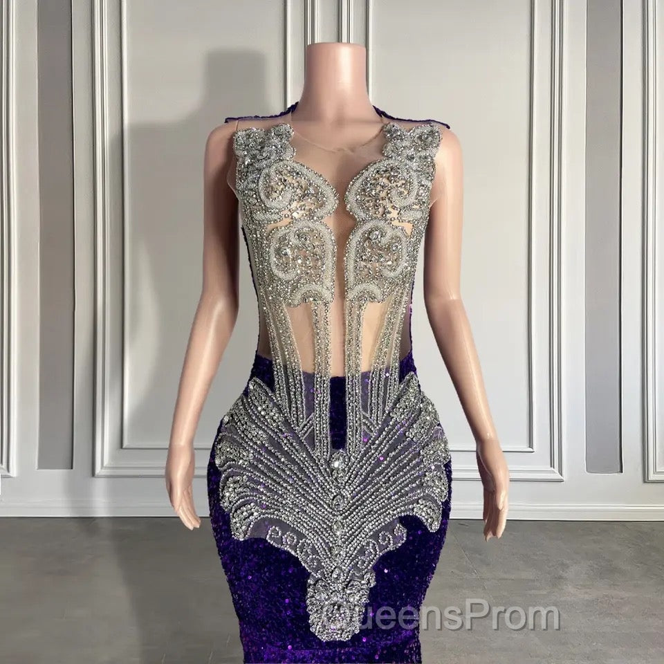 Sequined Sleeveless Mermaid Evening Prom Dress with Beadings