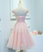 Pink Lace Tulle Short Evening Prom Dress, Pink Evening Dress