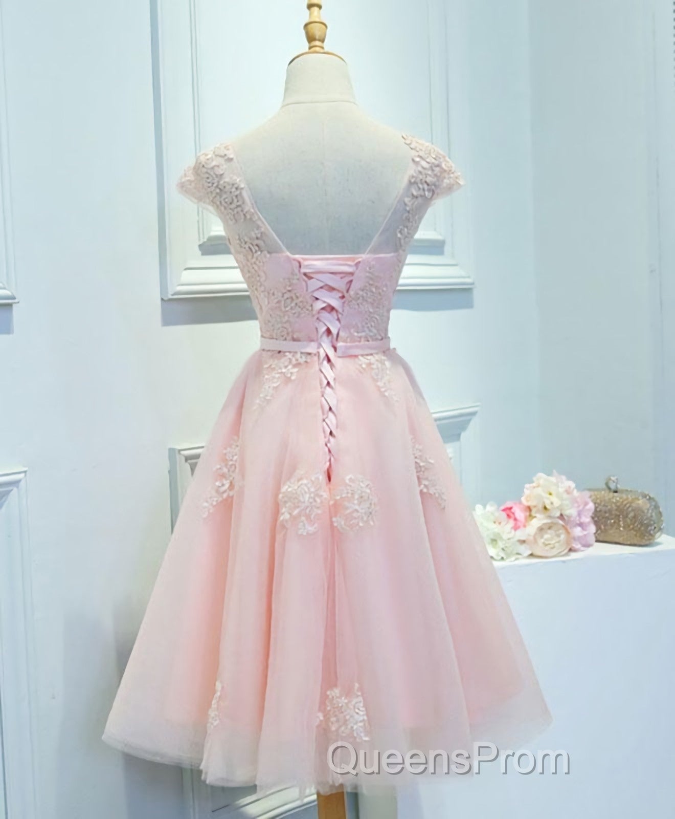 Pink Lace Tulle Short Evening Prom Dress, Pink Evening Dress