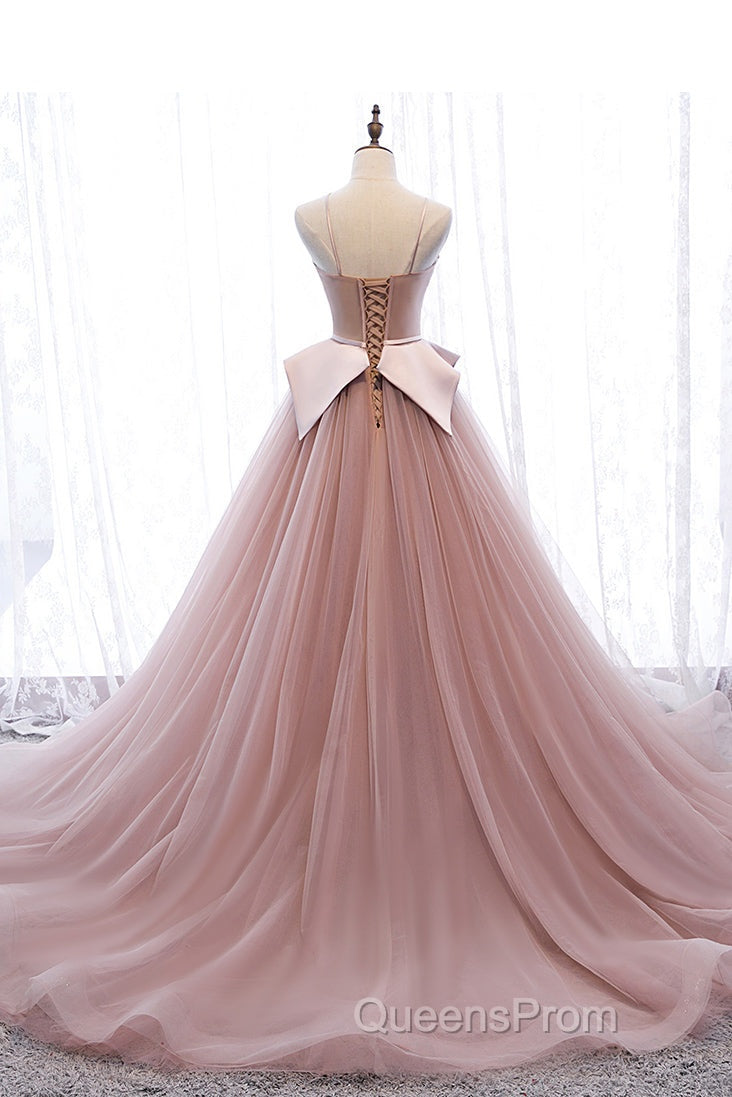 Pink Spaghetti Straps Tulle Long Formal Evening Prom Dress, Unique Long Wedding Dess Secondary image