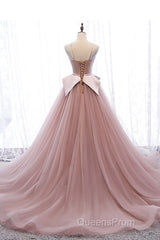 Pink Spaghetti Straps Tulle Long Formal Evening Prom Dress, Unique Long Wedding Dess