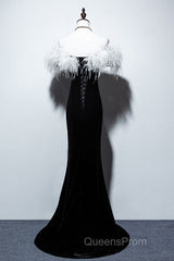 Black Velvet Mermaid Evening Prom Dress with Feather, Off the Shoulder Long Evening Gown