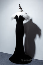 Black Velvet Mermaid Evening Prom Dress with Feather, Off the Shoulder Long Evening Gown