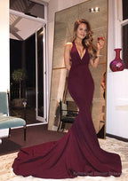 Elastic Satin Court Train Trumpet/Mermaid Sleeveless V-Neck Zipper Prom Dresses