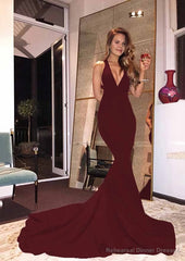 Elastic Satin Court Train Trumpet/Mermaid Sleeveless V-Neck Zipper Prom Dresses