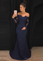 Elastic Satin Prom Dresses Sheath/Column Off-The-Shoulder Court Train With Lace