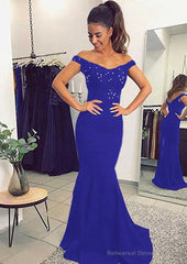Elastic Satin Prom Dresses Trumpet/Mermaid Off-The-Shoulder Sweep Train With Lace