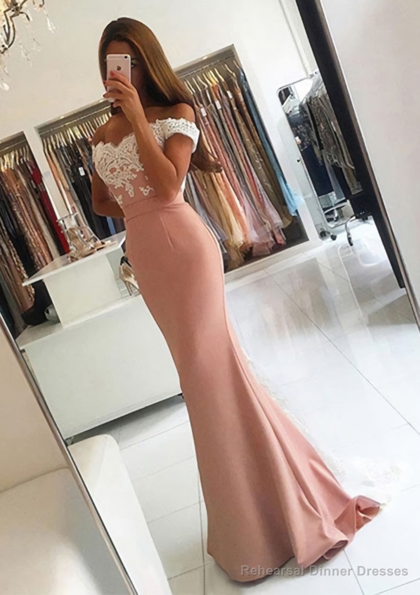 Elastic Satin Prom Dresses Trumpet/Mermaid V-Neck Sweep Train With Lace