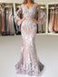 Eleagnt Evening Dress Mermaid V Neck Long Sleeves Zipper Lace Satin Fabric Formal Party Dresses With Train
