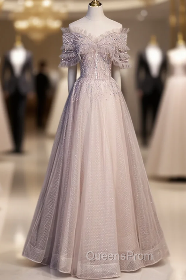 Elegance Pink Tulle Sequins Off the Shoulder Beading Evening Prom Dress Main image
