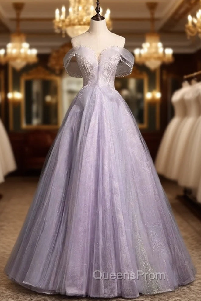 Elegance Purple Tulle Off the Shoulder Beading Evening Prom Dress Main image