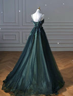 Elegant A Line Dark Green Tulle Long Classy Prom Dress