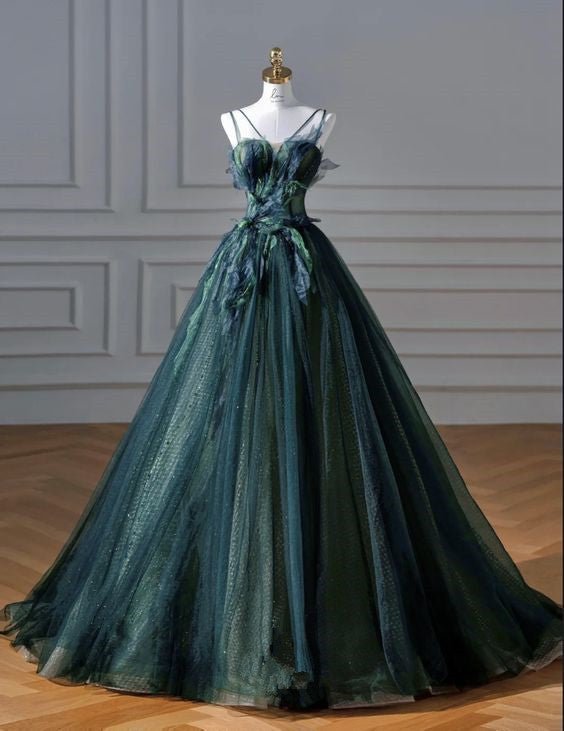 Elegant A Line Dark Green Tulle Long Classy Prom Dress