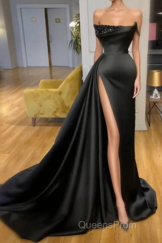 Elegant A-line Graduation Dress Long Black Evening Prom Dress With Split Online Main image