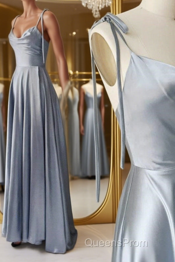 Elegant A Line Gray Satin Long Evening Prom Dress, Gray Formal Graduation Evening Dress Main image