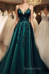 Elegant A Line Green Tulle Spaghetti Straps Appliques Evening Prom Dress