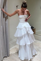 Elegant A Line Long White Tiered Classy Prom Dress 21Th Birthday Outfits
