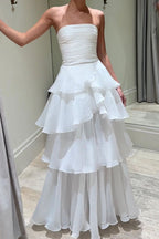 Elegant A Line Long White Tiered Classy Prom Dress 21Th Birthday Outfits