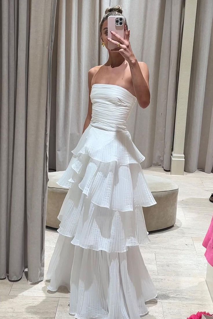 Elegant A Line Long White Tiered Classy Prom Dress 21Th Birthday Outfits