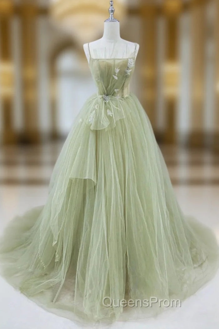 Elegant A Line Open Back Green Tulle Long Evening Prom Dress, Green Evening Graduation Evening Dress
