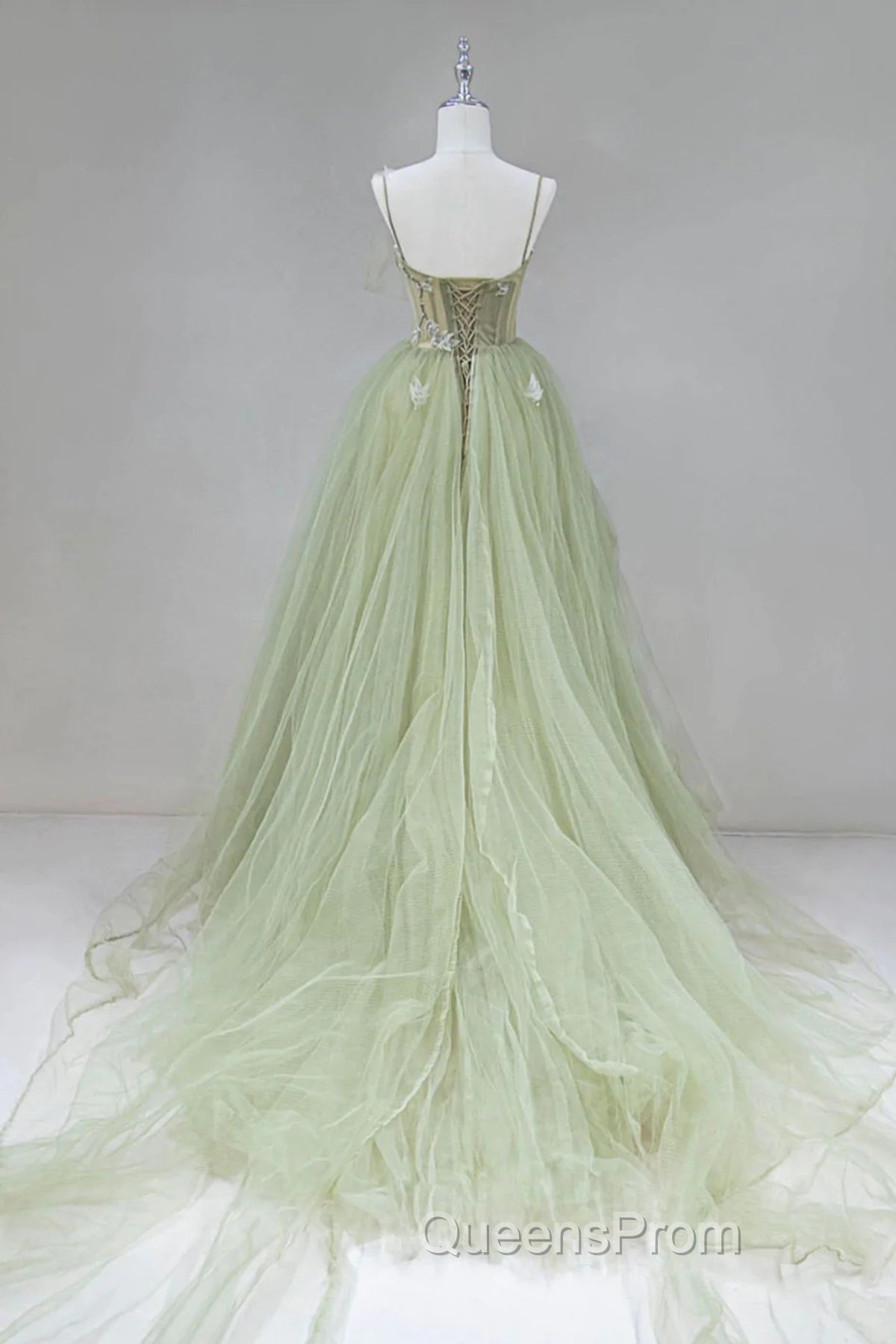 Elegant A Line Open Back Green Tulle Long Evening Prom Dress, Green Evening Graduation Evening Dress