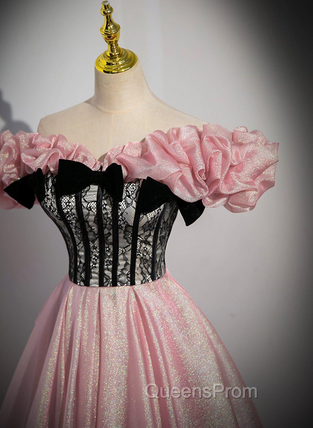 Elegant A-line Pink Off Shoulder Long Evening Dress, Pink with Black Lace Long Evening Prom Dress Secondary image