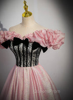 Elegant A-line Pink Off Shoulder Long Evening Dress, Pink with Black Lace Long Evening Prom Dress