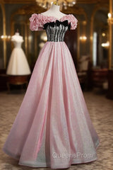 Elegant A-line Pink Off Shoulder Long Evening Dress, Pink with Black Lace Long Evening Prom Dress