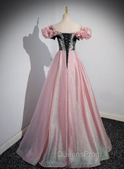 Elegant A-line Pink Off Shoulder Long Evening Dress, Pink with Black Lace Long Evening Prom Dress