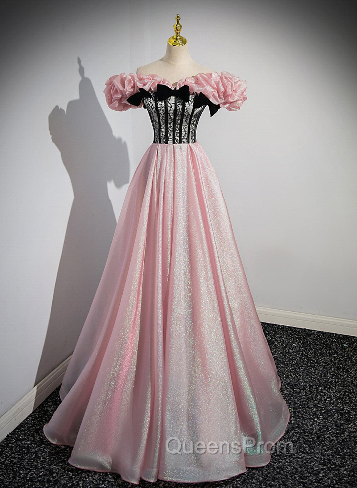 Elegant A-line Pink Off Shoulder Long Evening Dress, Pink with Black Lace Long Evening Prom Dress Main image