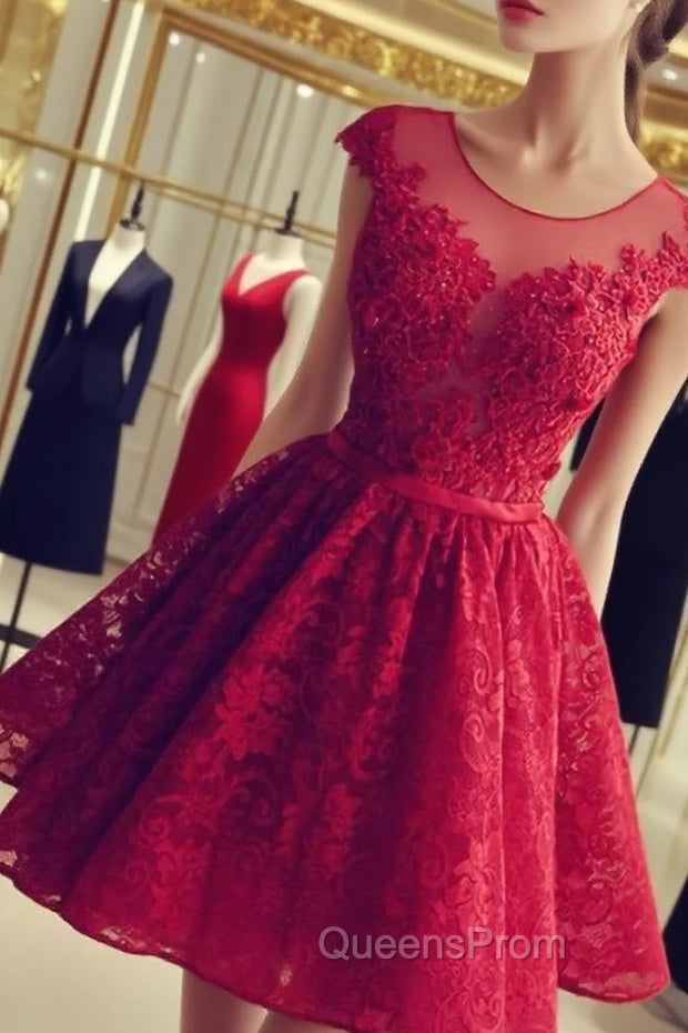 Elegant A-Line Evening Prom Homecoming Dress Jewel Short Back Lace Applique Main image