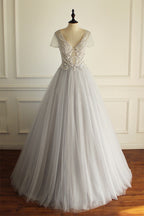 Elegant A-line Short Illusion Sleeve Appliques Rhinestone Lace Up Back Floor Length Wedding Dress