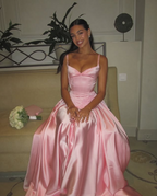 Elegant A Line Spaghetti Straps Floor-Length Satin Long Pink Classy Evening Dress Classy Prom Dress