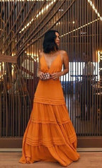 Elegant A Line Strap Long Organge Classy Prom Dress 22Th Birthday Outfits
