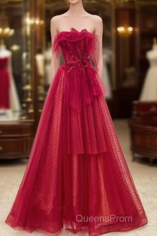 Elegant A Line Strapless Red Tulle Long Evening Prom Dress Main image