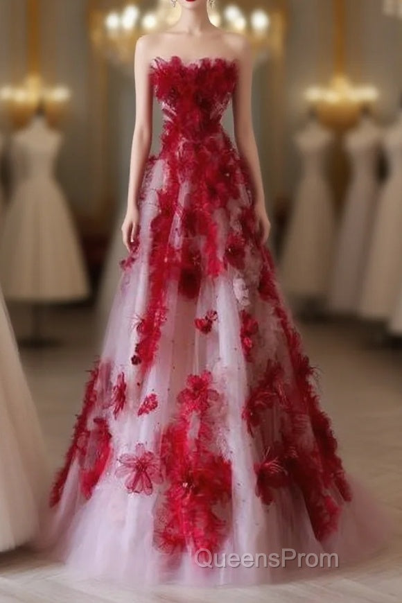 Elegant A Line Strapless Tulle Floral Red Evening Prom Dress Main image