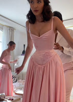 Elegant A Line Straps Pink Satin Long Length Classy Prom Dress Birthday Outfits