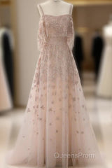 Elegant A Line Straps Sequin Long Evening Prom Dress