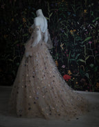 Elegant A Line Sweetheart Bubble Sleeves Tulle Classy Prom Dress With Stars, Classy Dress