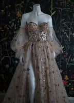 Elegant A Line Sweetheart Bubble Sleeves Tulle Classy Prom Dress With Stars, Classy Dress