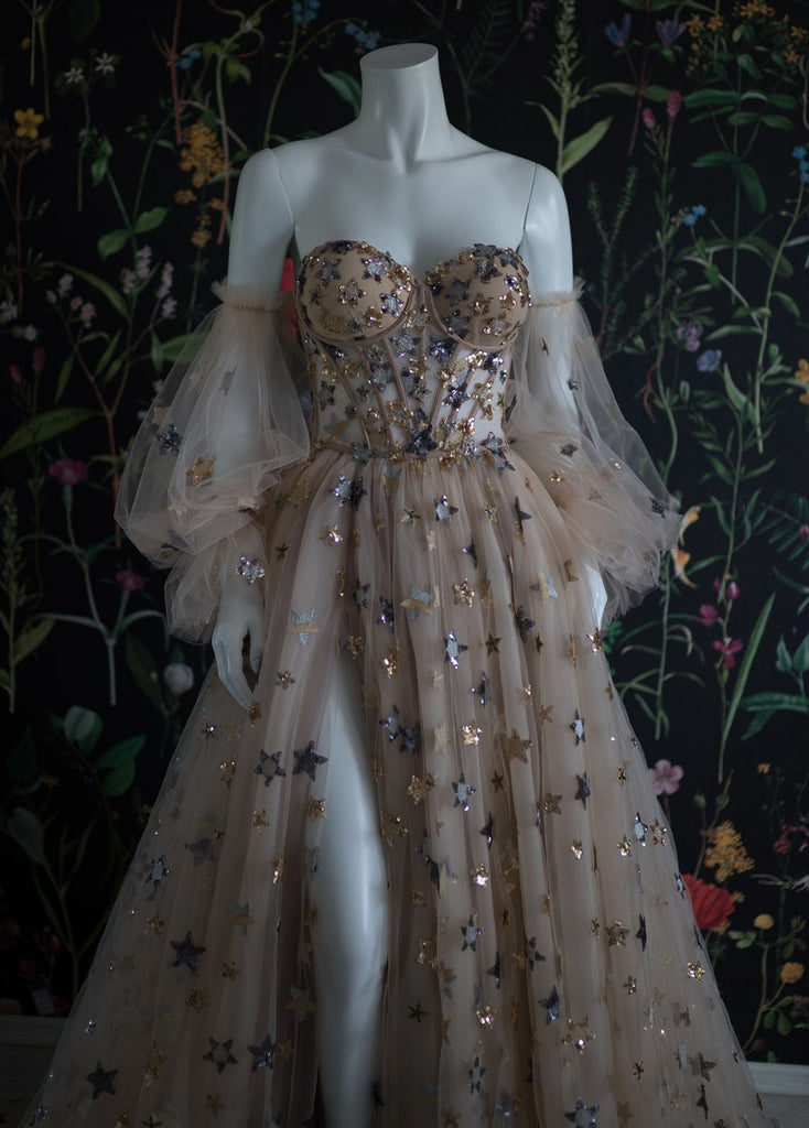 Elegant A Line Sweetheart Bubble Sleeves Tulle Classy Prom Dress With Stars, Classy Dress