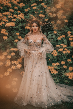 Elegant A Line Sweetheart Bubble Sleeves Tulle Classy Prom Dress With Stars, Classy Dress