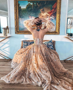 Elegant A Line Sweetheart Bubble Sleeves Tulle Classy Prom Dress With Stars, Classy Dress