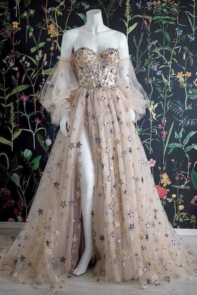 Elegant A Line Sweetheart Bubble Sleeves Tulle Classy Prom Dress With Stars, Classy Dress Main image
